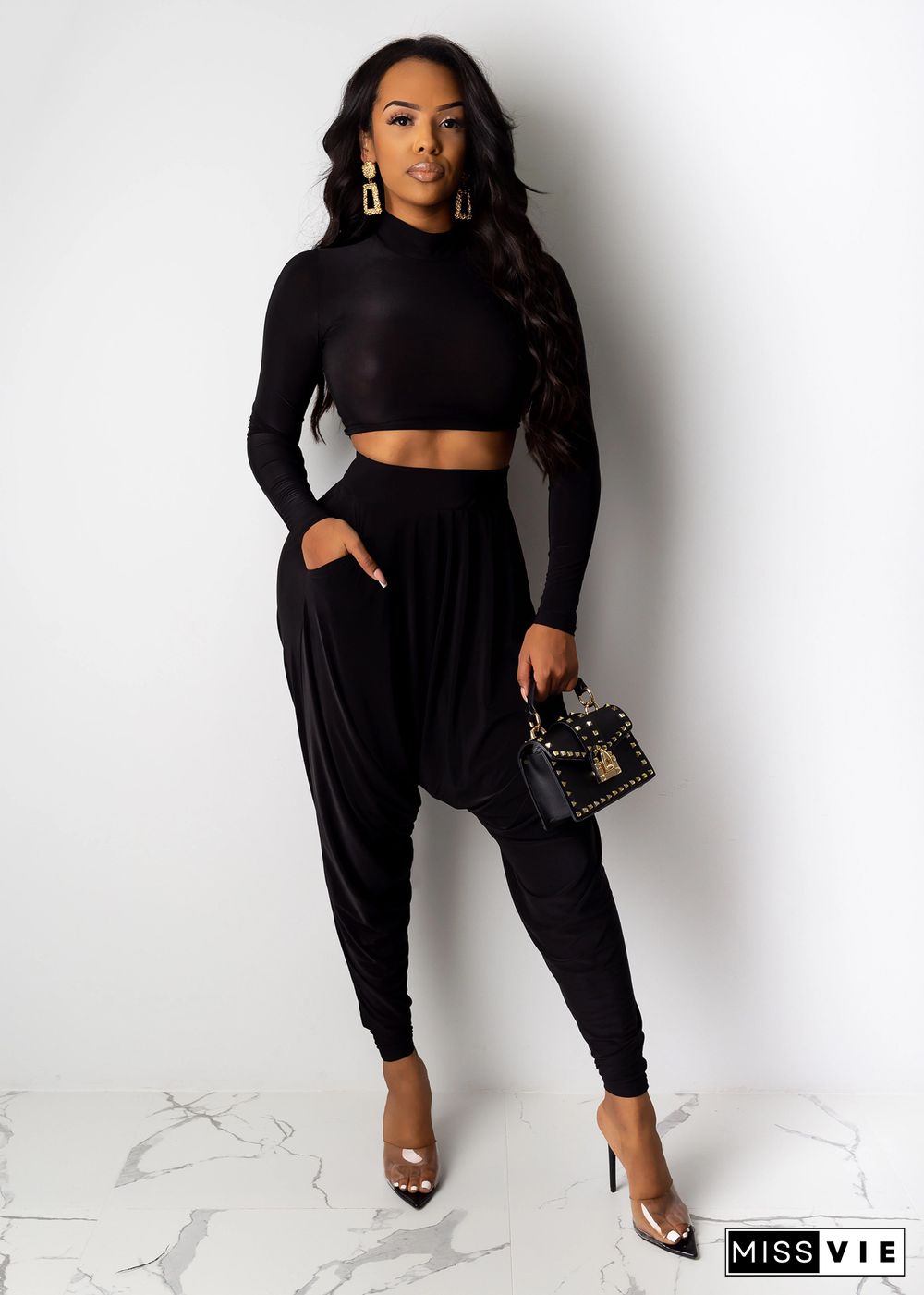 Solid Long Sleeve Crop Top Harem Pants 2 Piece Set