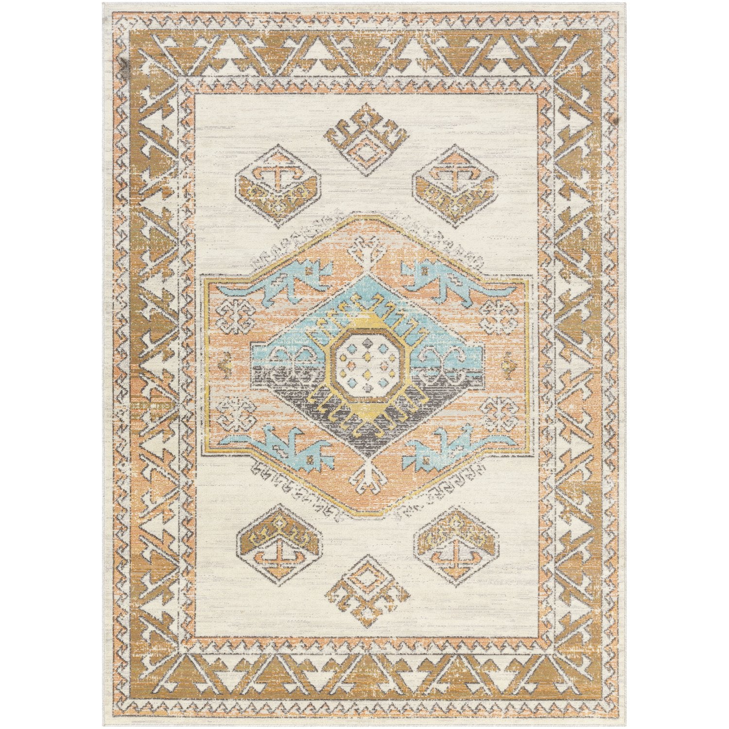 Bodrum Indoor/Outdoor Rug in Ivory, Saffron, Silver Gray, Medium Gray, Aqua, Camel, Coral