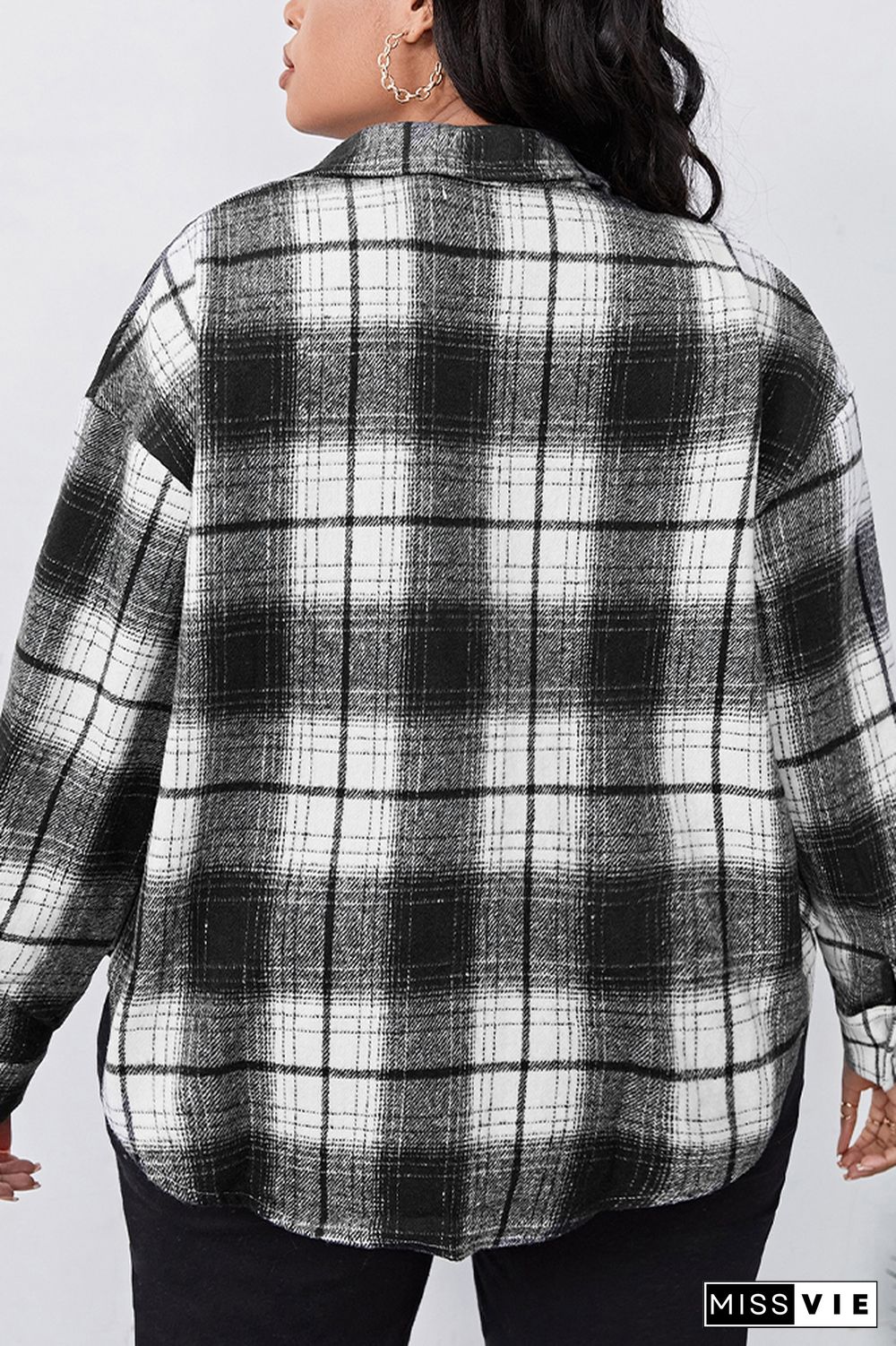 Black Pocketed Plaid Plus Size Jackets