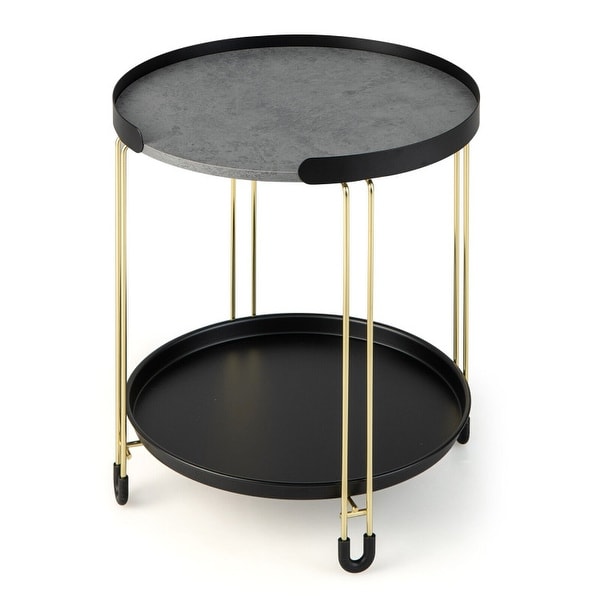 2-Tier Round Side Table with Removable Tray and Metal Frame for Small Space-Golden - 18