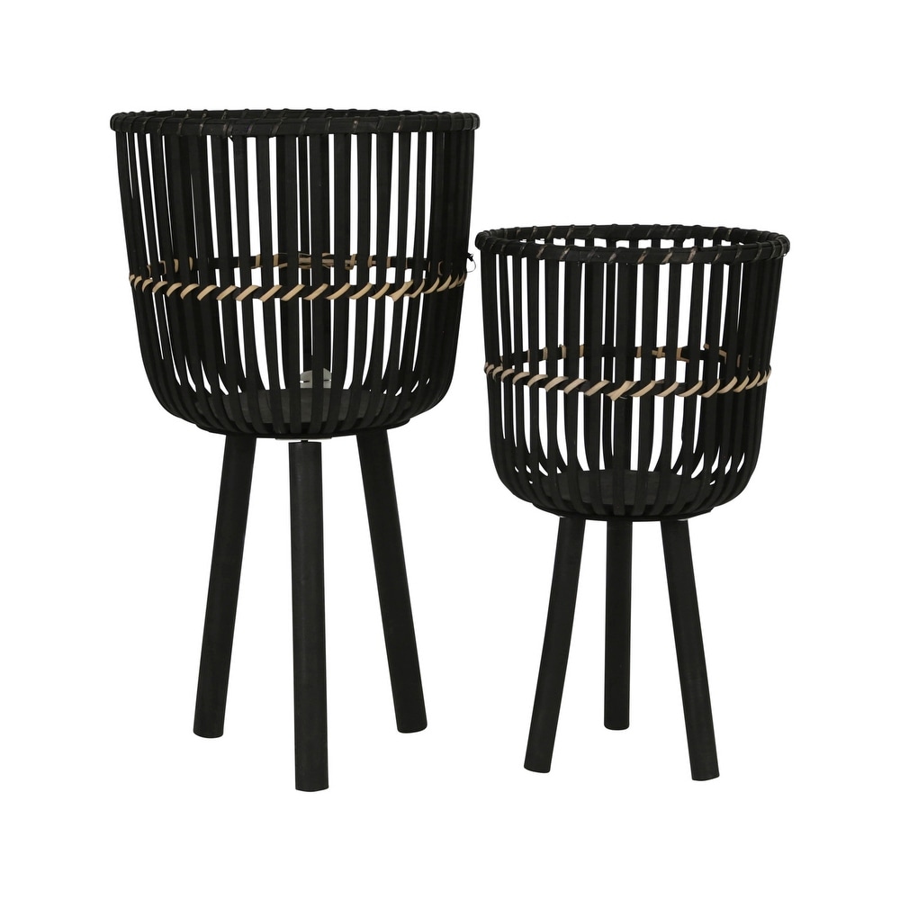 Black Bamboo Wood Planters on Wood Legs (Set of 2)   11.5\