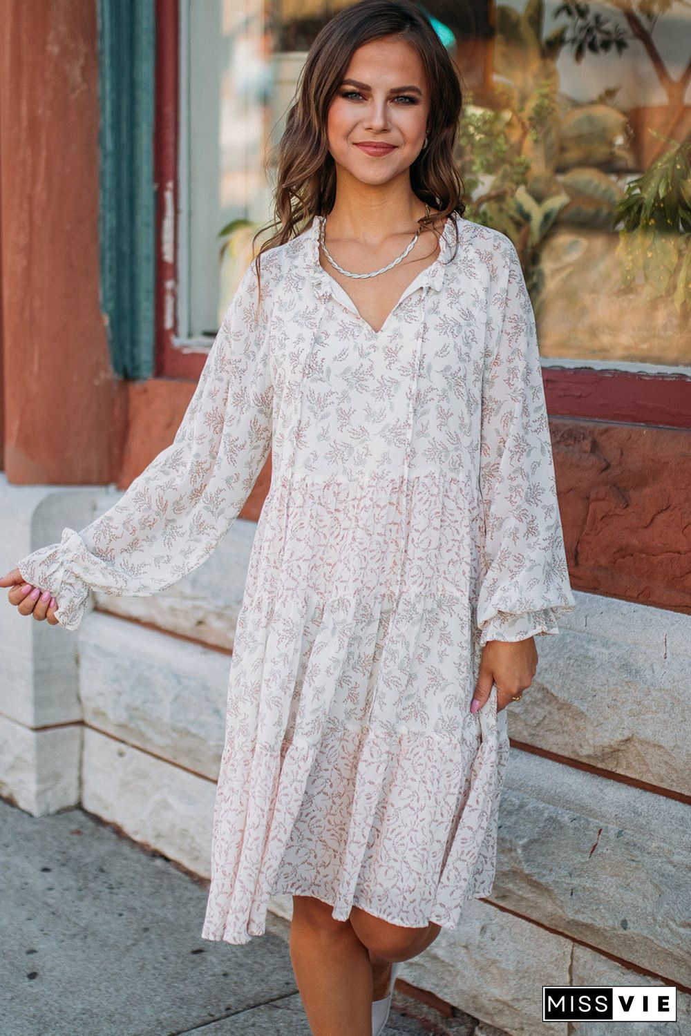 White Split Neck Floral Print Long Sleeve Swing Dress