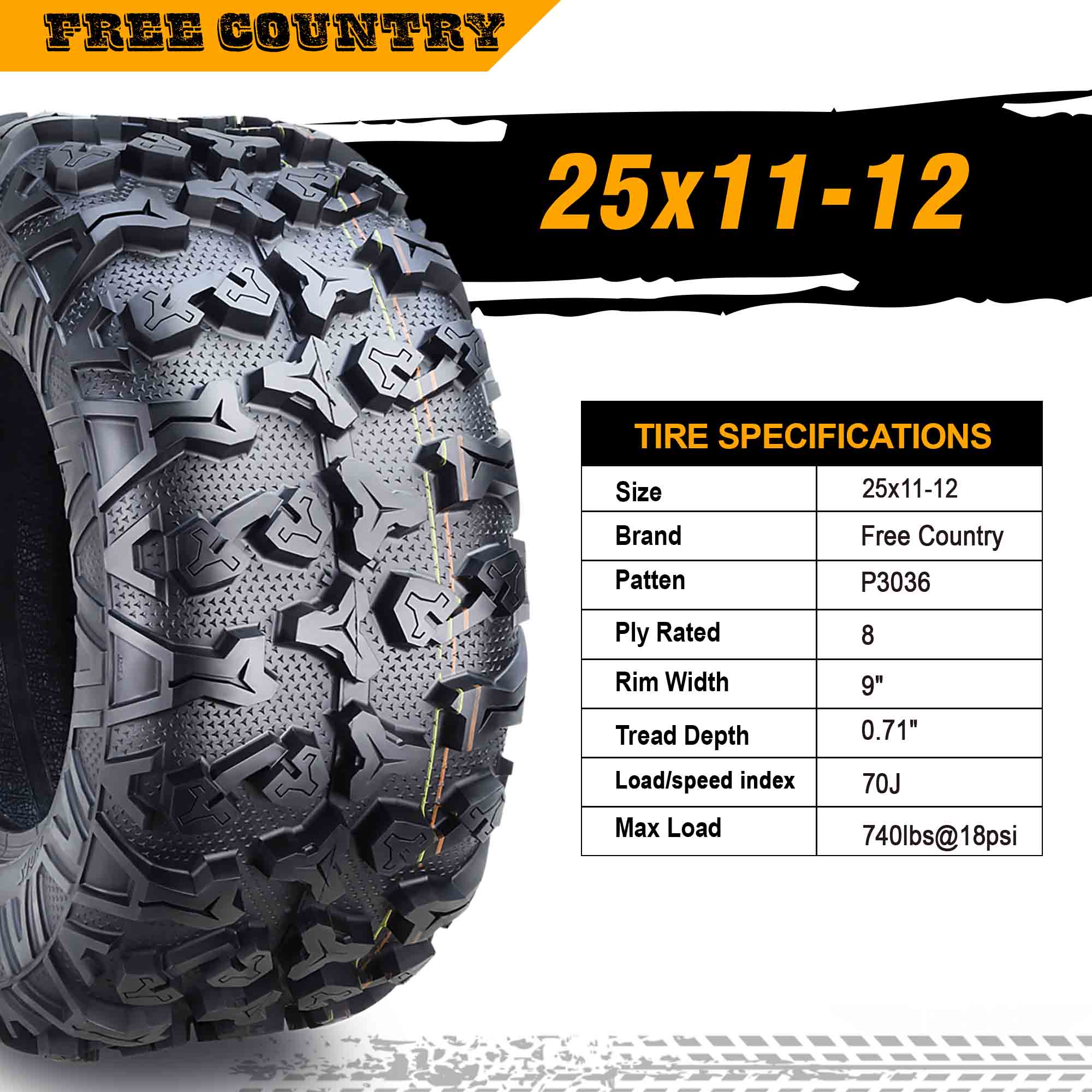 (2) Premium FREE COUNTRY 8PR ATV/UTV Tires 25x11x12 fit 18 Textron-Off-Road RECOIL