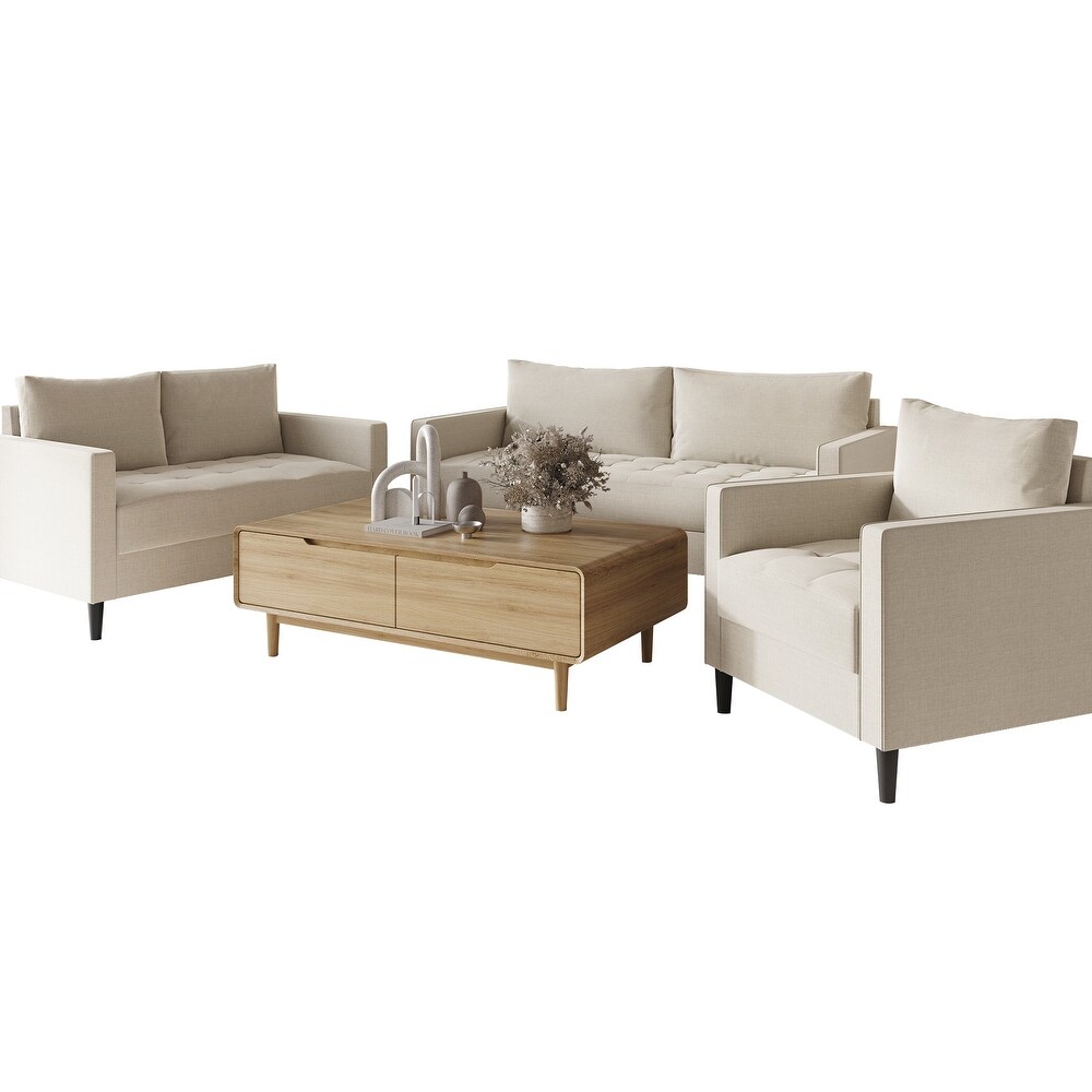 CraftPorch Contemporary Minimalist Linen Upholstered 3 Piece Living Room Set