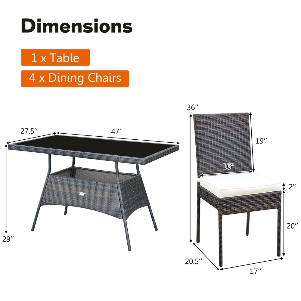 5 Pieces Outdoor Patio Rattan Dining Set with Glass Top with Cushions   Table: 17\