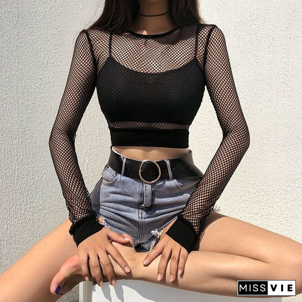 Women's Summer Fashion Black Fishnet Tops Sexy Hollow Long Sleeve Mesh Tops T-shirt Sheer Tops