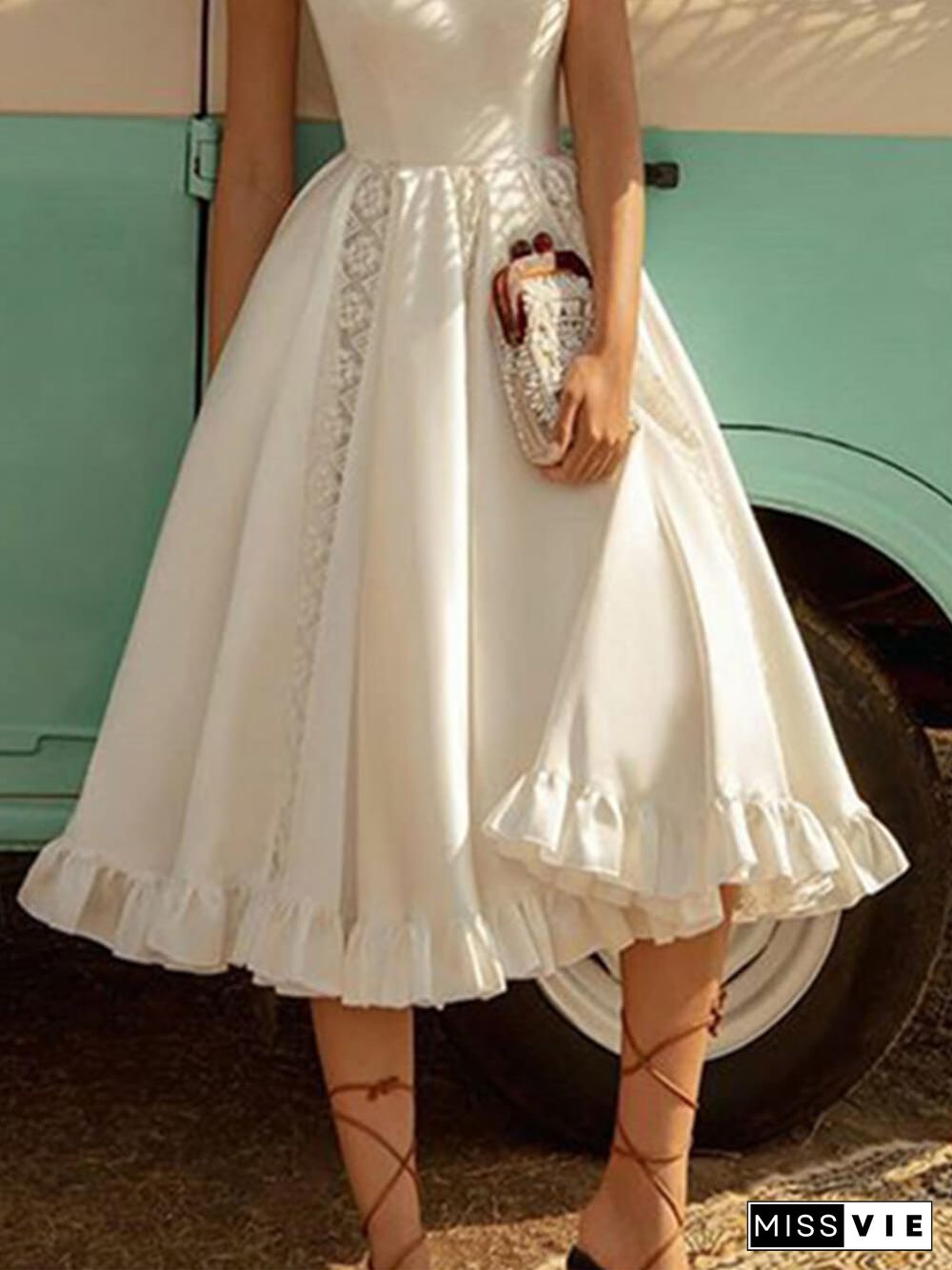 Solid Color Elegant Puff Midi Dress