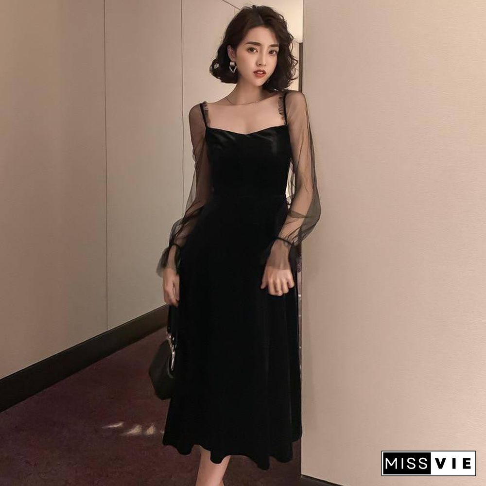 Spring Autumn Woman Clothes Net Yarn Sleeve Dress Stitching Velvet Long Sleeve Dresses Black Fashion Fall Women Clothing