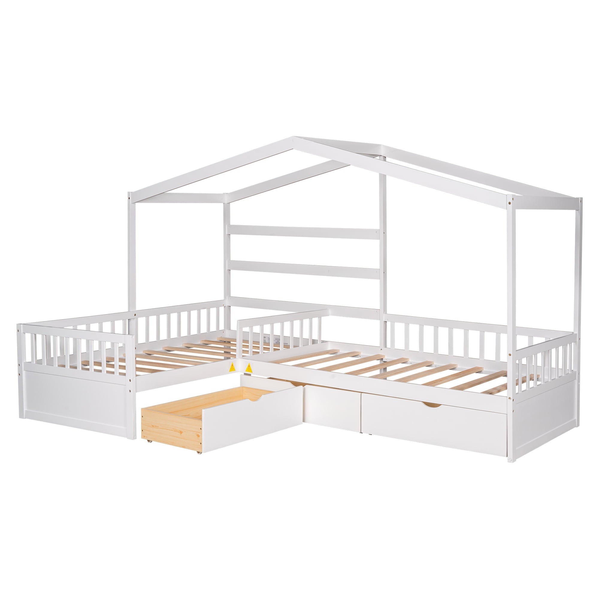 Wood Twin Double House Bed with Three Drawers for Kids, White