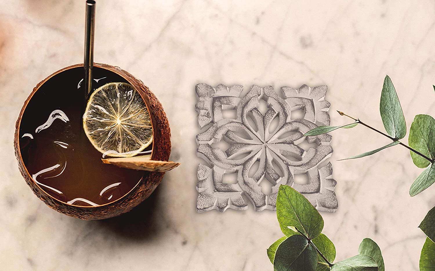 Farmhouse Decor Wood Coasters for Drinks - Kitchen Table Drink Coaster Set of 4 (Square Carved Flower Grey)