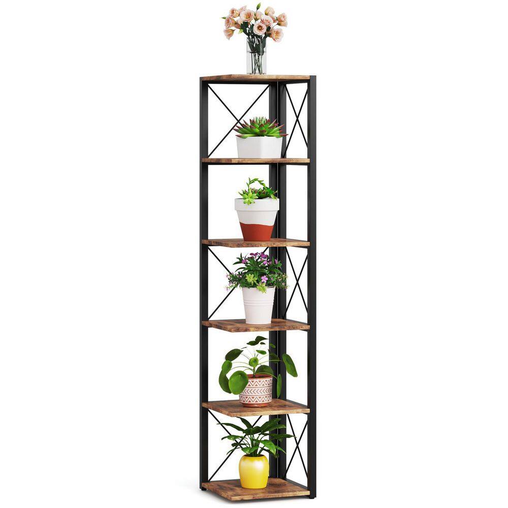 TRIBESIGNS WAY TO ORIGIN Jannelly 70.8 in. Rustic Brown Wood and Black Metal Frame 6 tier Radial Corner Shelves Bookcase Storage Rack Plant Stand HD-F1356-WZZ