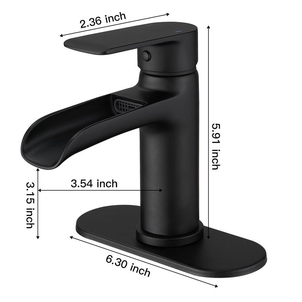 BWE Waterfall Single Handle Single Hole Modern Bathroom Faucet Bathroom Drip-Free Vanity Sink Faucet in Matte Black A-96071-B