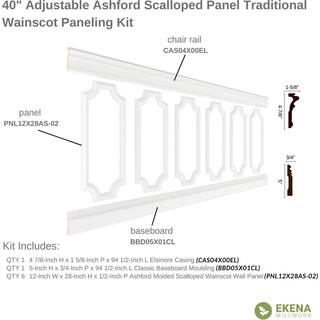 Ekena Millwork 94 12 in. (Adjustable 40 in. to 44 in.) 26 sq. ft. Polyurethane Ashford Scalloped Panel Wainscot Kit Primed WPKUSC011P040