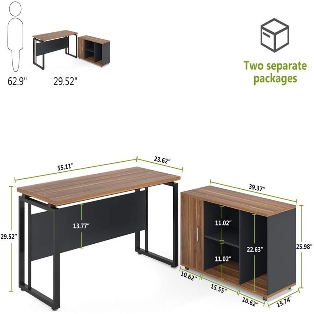 55 Inch L Shaped Computer Desk with File Cabinet Storage