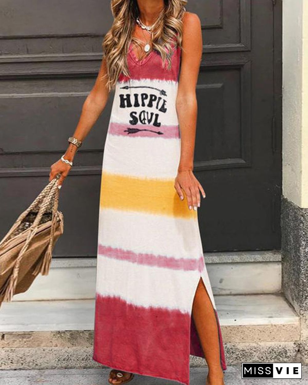 V Neck Casual Sleeveless Gradient Maxi Dresses