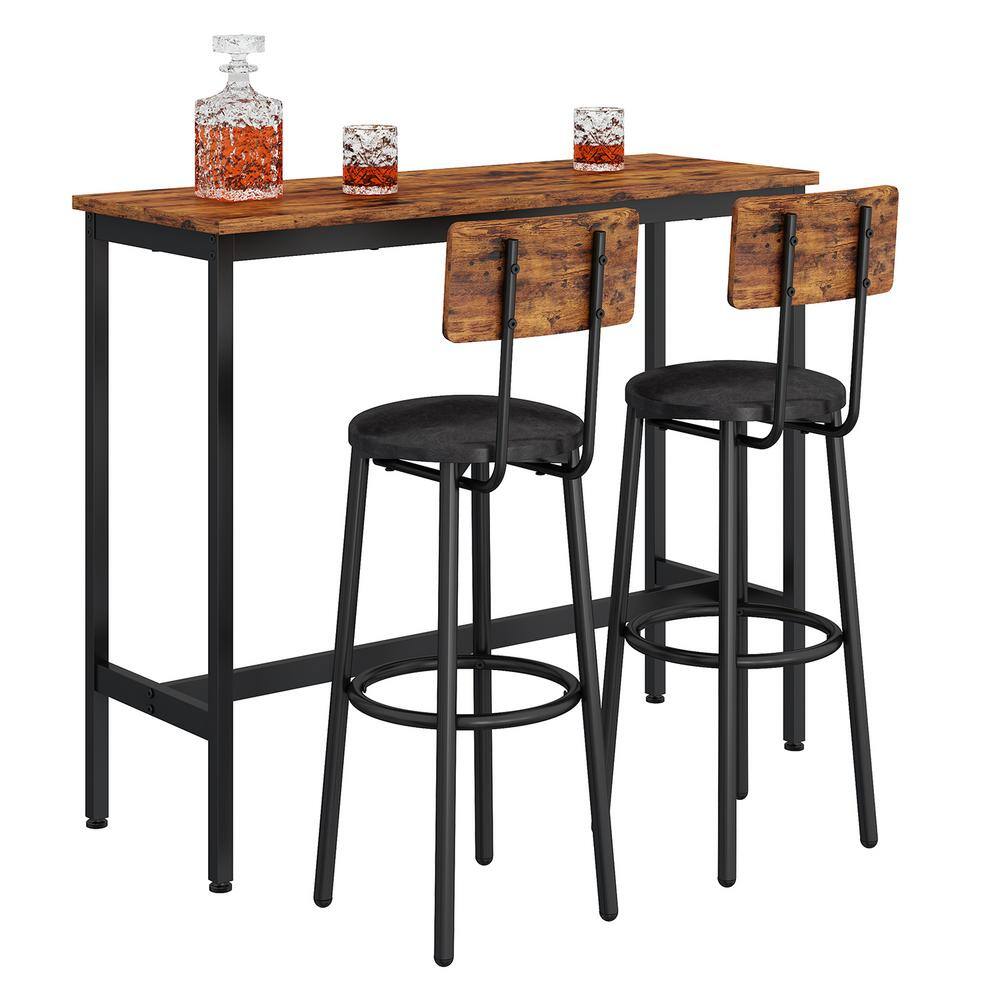 mieres Industrial 3-Piece Rectangle Rustic Brown Wooden Top Bar Table Set with 2 Faux Leather Upholstered Bar Stools for Two LLPW116242792