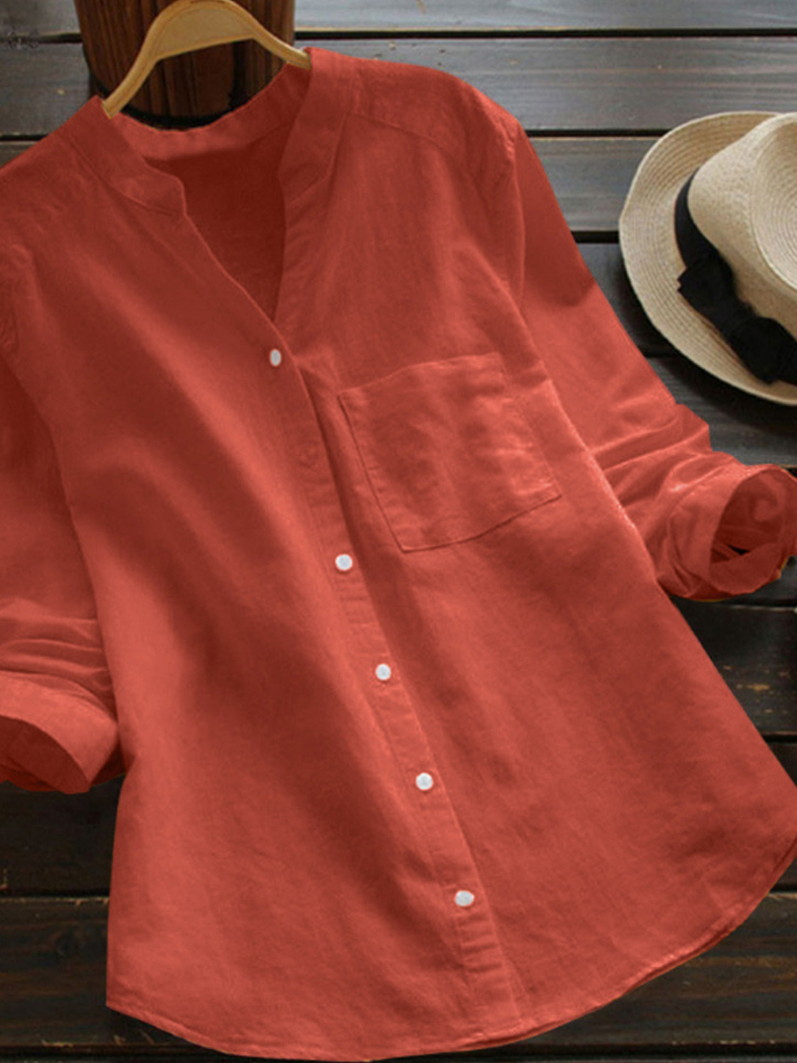 65% Off Autumn Spring V-Neck Linen Plain Shirts & Blouses