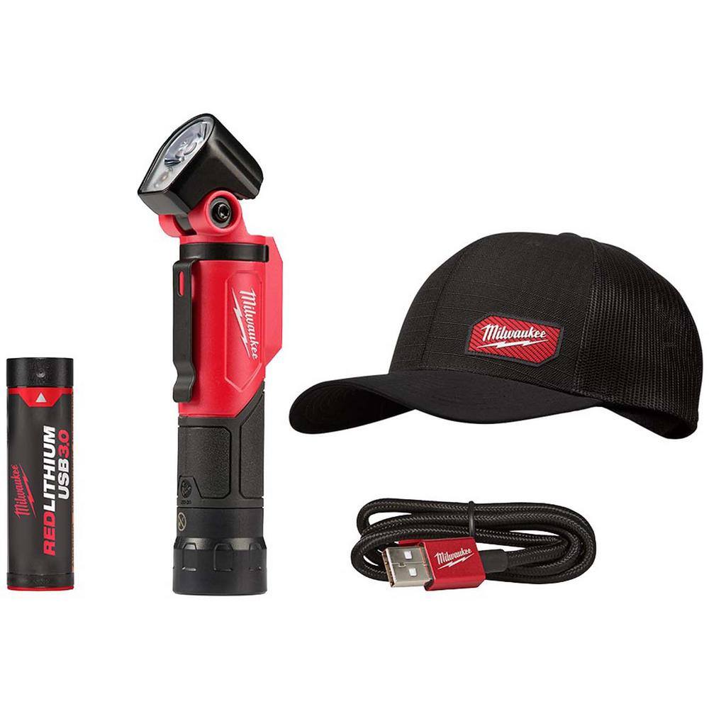 MW 500 Lumens LED Pivoting REDLITHIUM USB Flashlight with GRIDIRON Black Adjustable Fit Trucker Hat 2113-21-505B