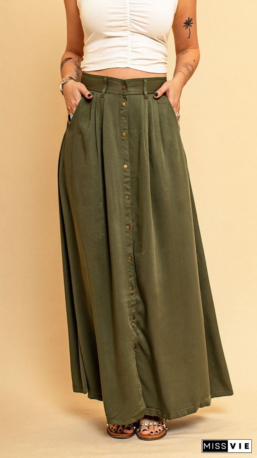 Plain Snap Button Long Length Suede Skirts