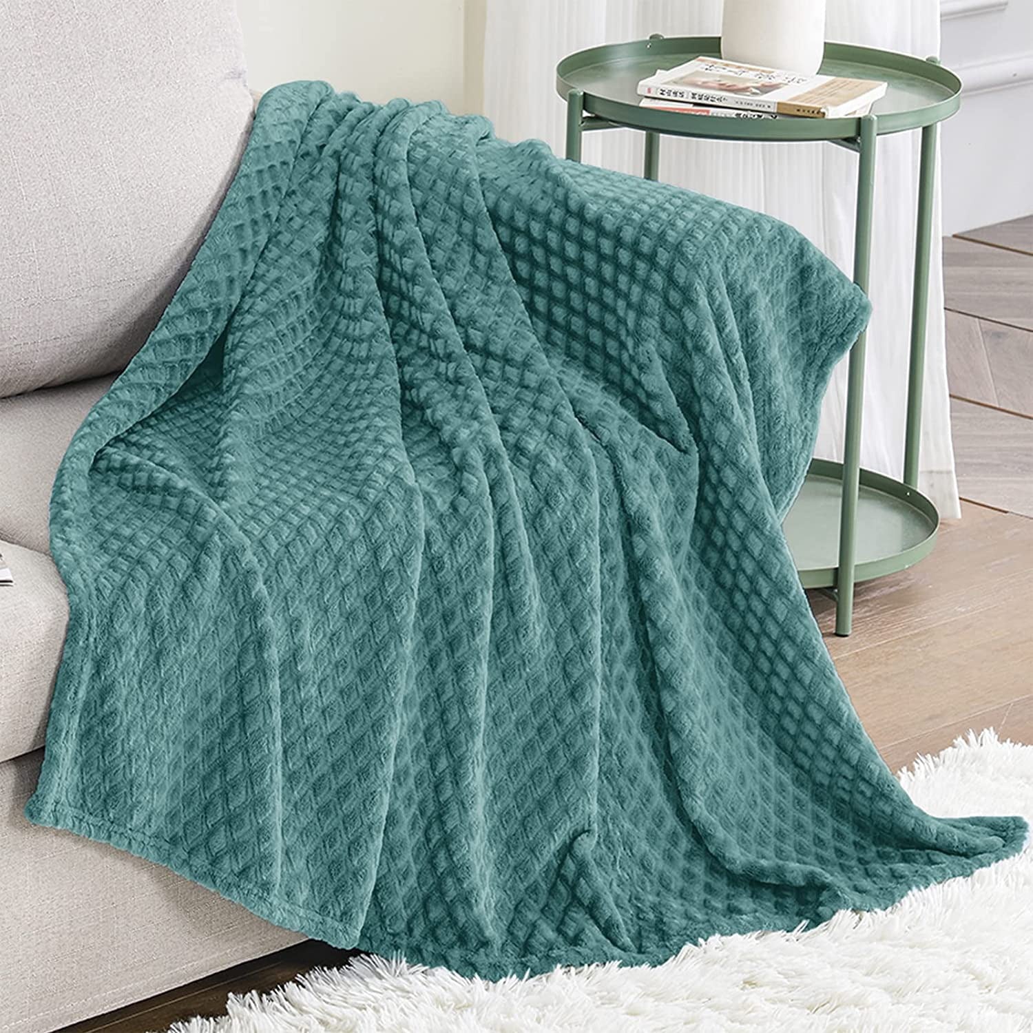 Exclusivo Mezcla Brushed Diamond Check Large Flannel Fleece Throw Blankets (Celadon， 50