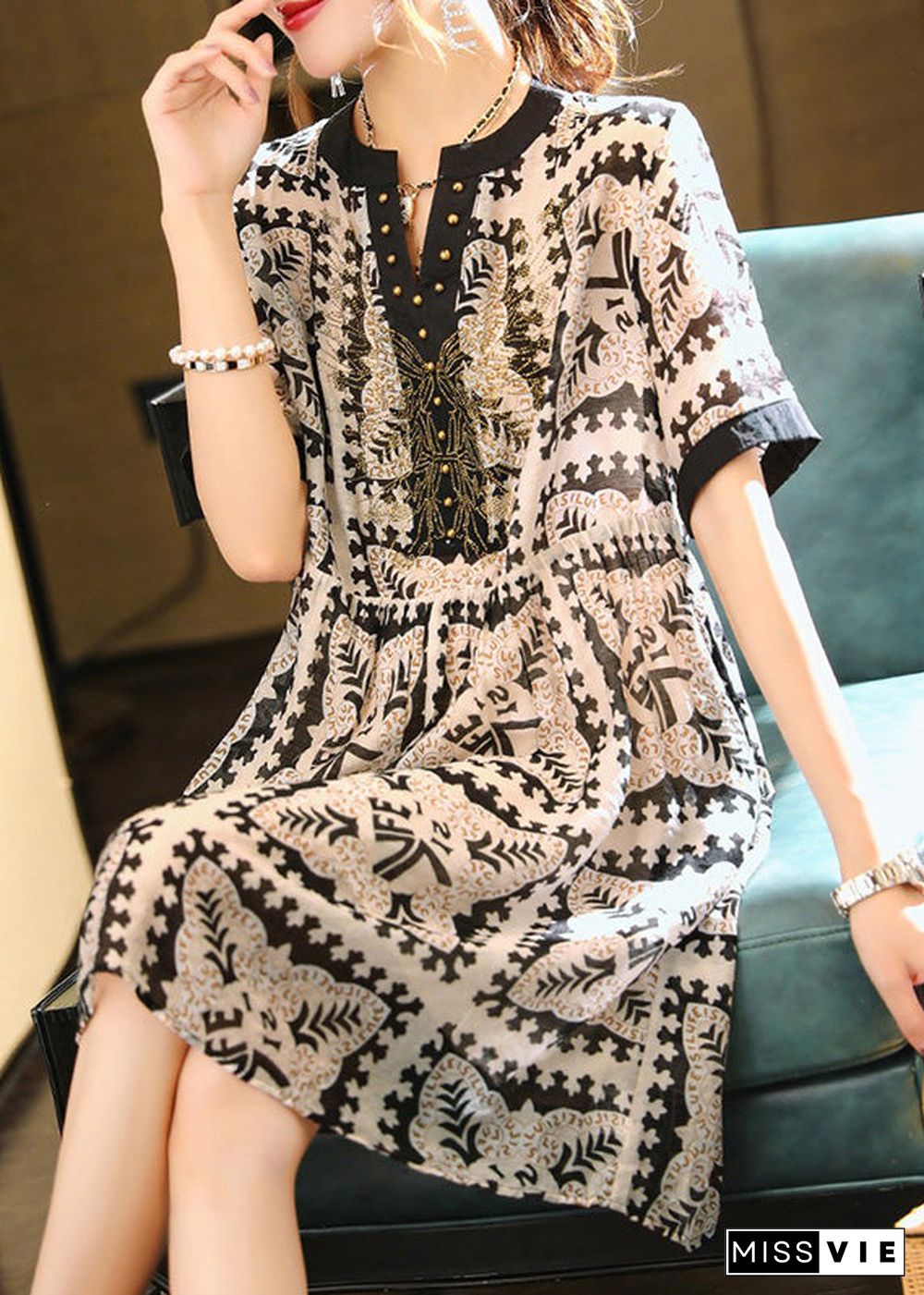 Modern Black V Neck Print Button Vacation Mid Dresses Short Sleeve