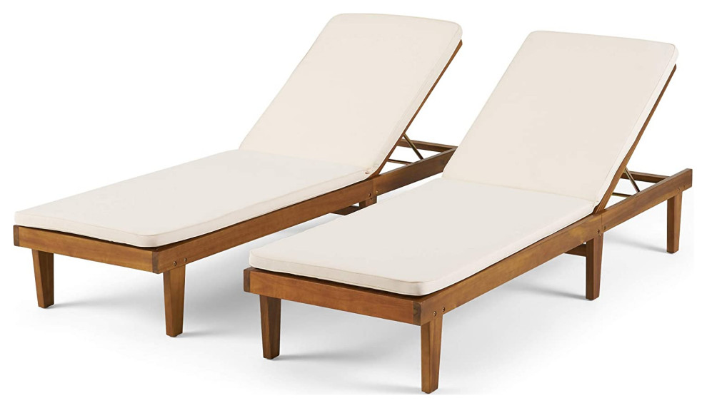 Set of 2 Patio Chaise Lounge  Teak Finished Acacia Wood Frame With Beige Cushion   Transitional   Outdoor Chaise Lounges   by Decor Love  Houzz