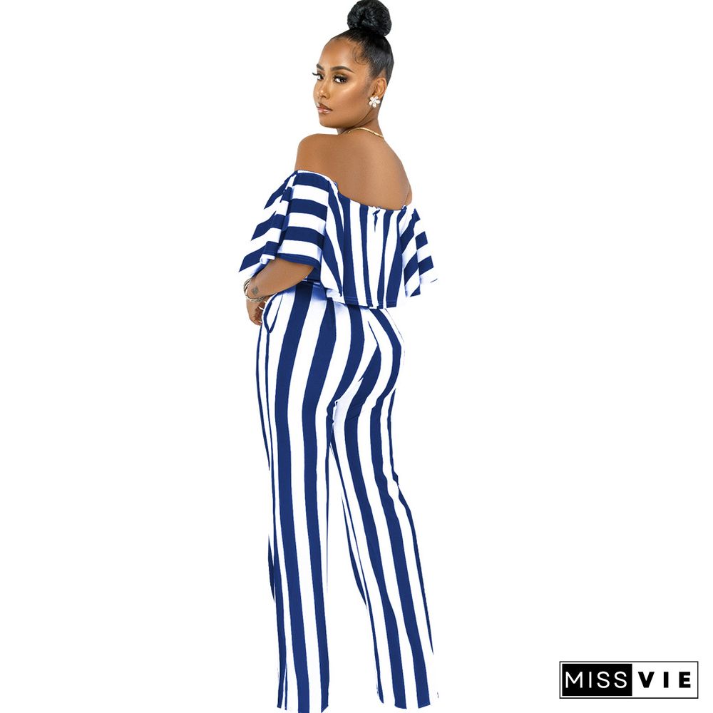 Striped Off Shoulder Wide Leg Jumpsuits