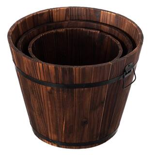 Gardenised Rustic Wooden Whiskey Barrel Planter with Durable Medal Handles and Drainage Hole - Set of 3 QI003236.3