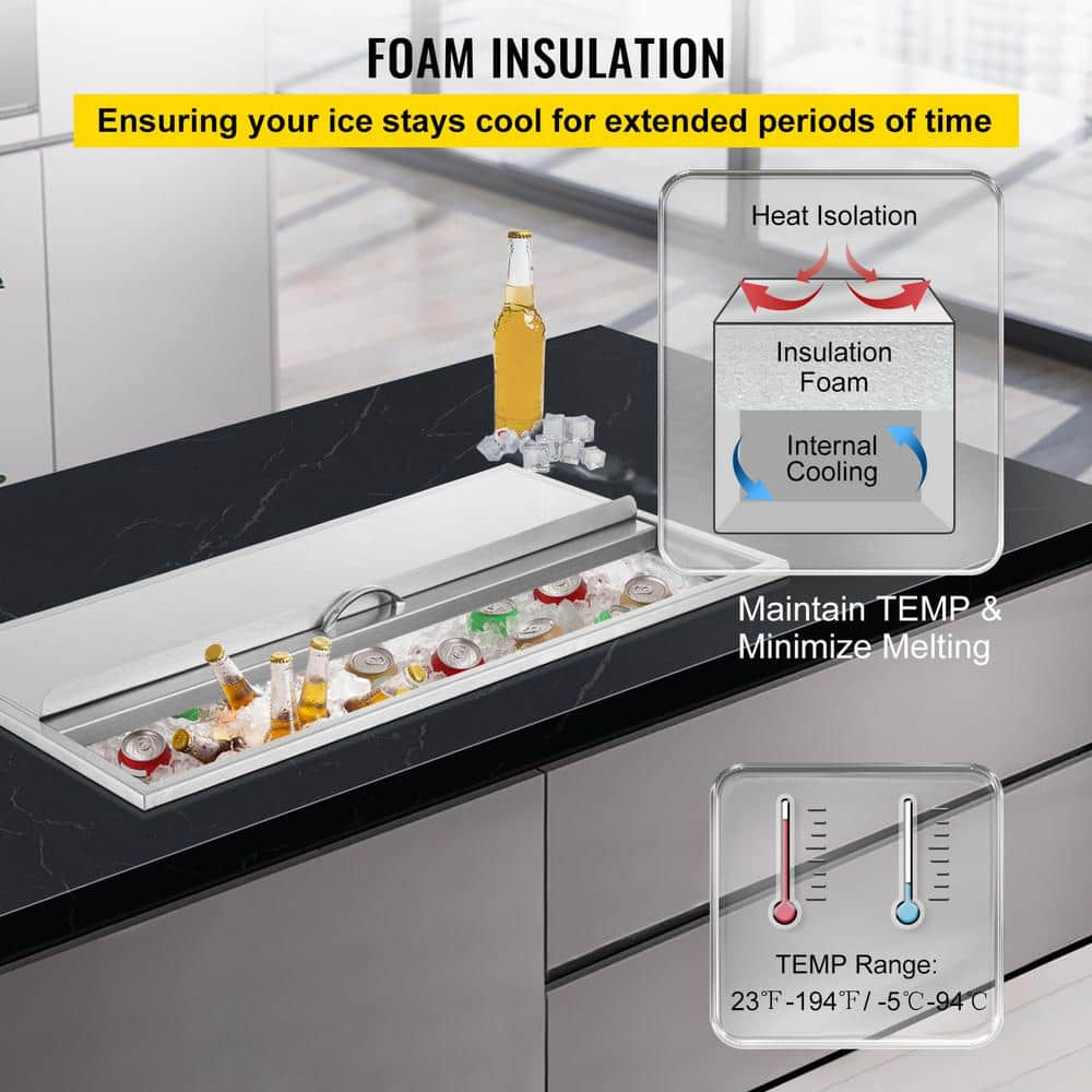 VEVOR 109.9 Qt. Drop in Ice Chest 36 in. x 17.9 in. x 14 in. Stainless Steel Ice Bin with Sliding Cover for Outdoor Kitchen JG18X36X120000001V0