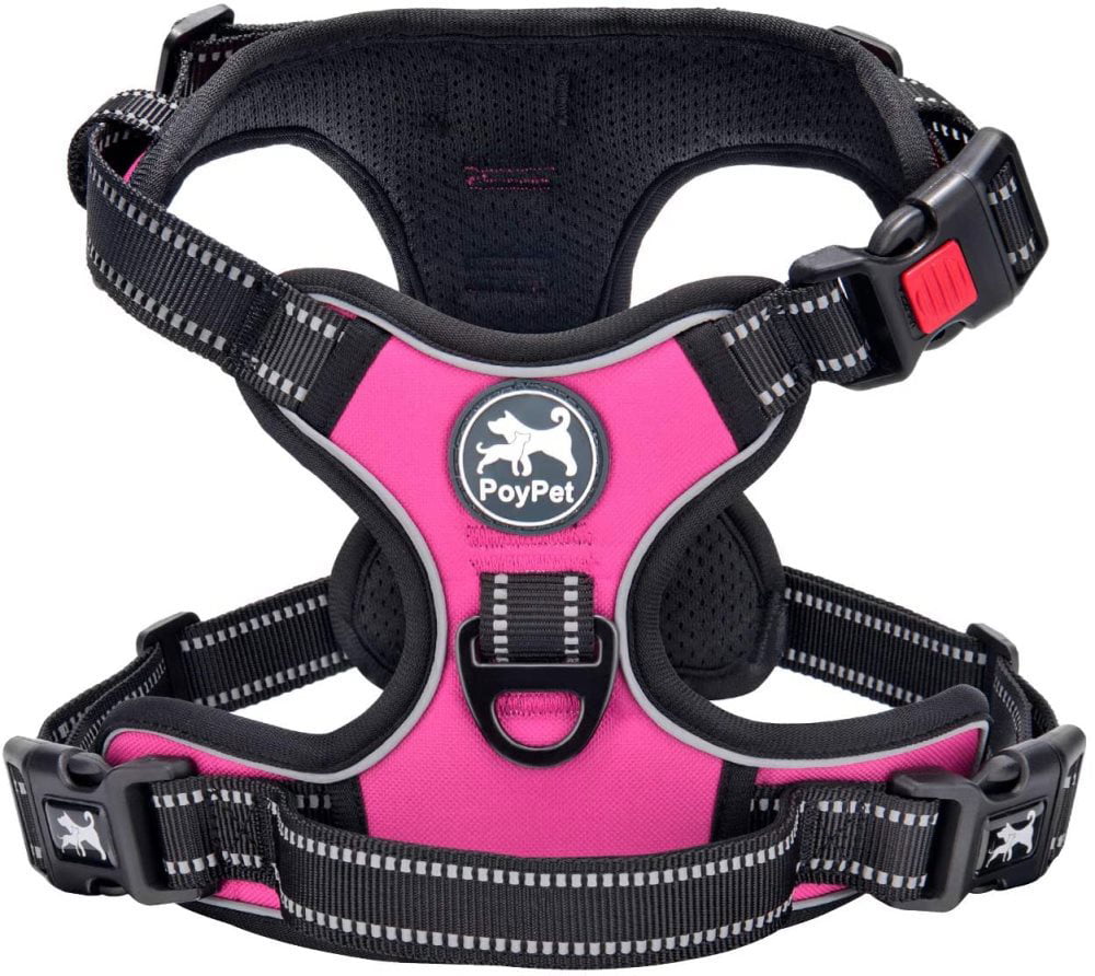 PoyPet No Pull Dog Harness，No Choke Reflective Dog Vest，Adjustable Soft Padded Pet Harness with Easy Control Handle for Small Medium Large Dogs，Pink M