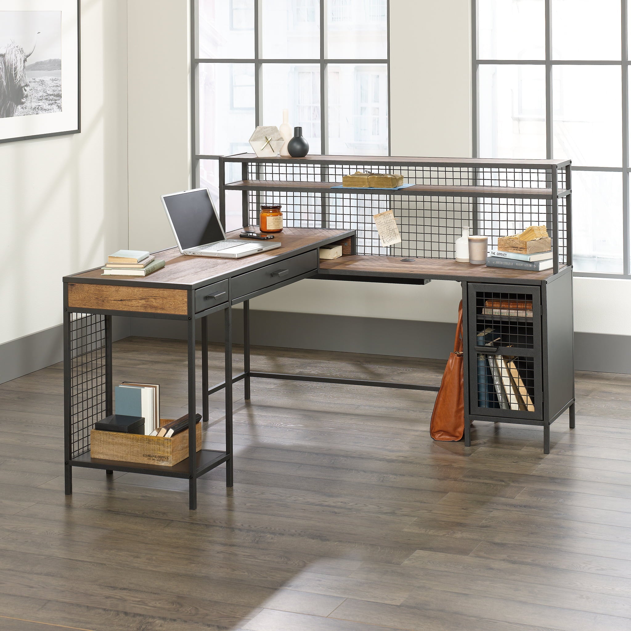 Better Homes & Gardens Lindon Place L-Shaped Desk with Cage, Vintage Oak Finish