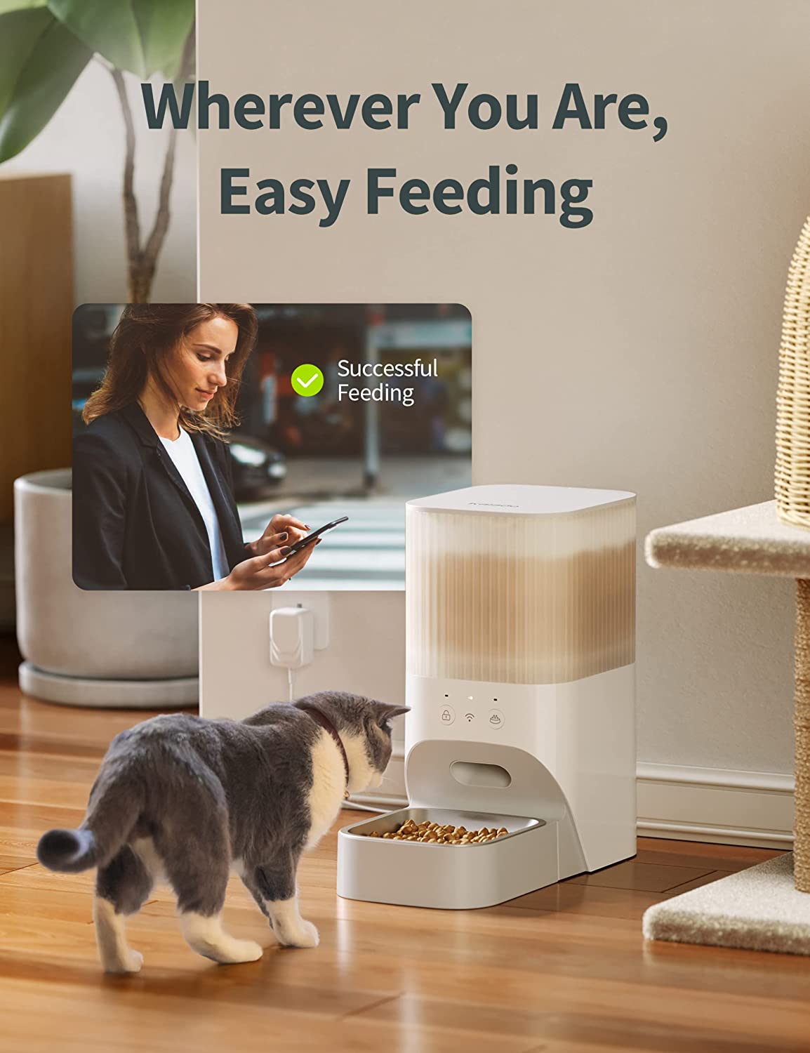 Kalado Smart WIFI Automatic Cat Feeder /Pet Feeder with 3.8L Dry Food Dispenser， Stainless Steel Food Bowl， Clog-Free and Dual Power Source in Pure