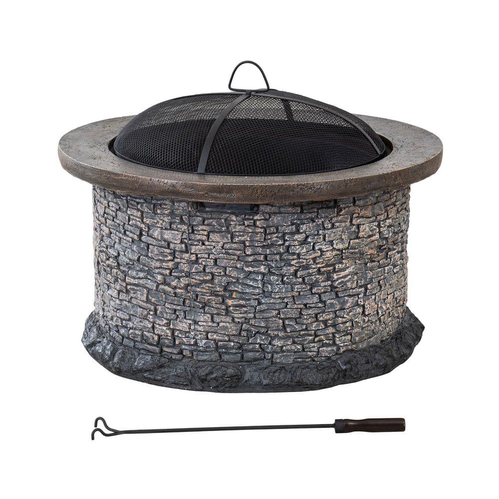 Sunjoy Lankershim Stone 31.89 in. x 24.21 in. Round Steel Wood Burning Firepit 169506