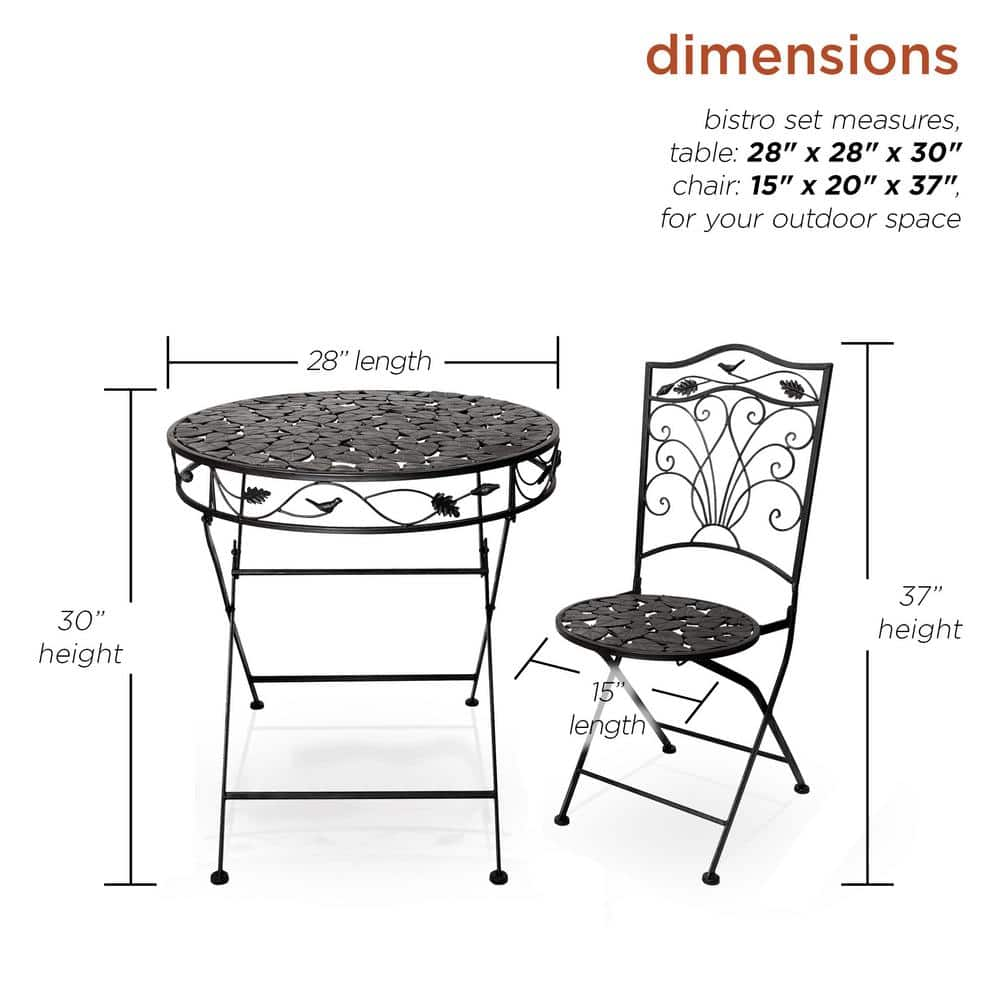 Alpine Corporation Indoor/Outdoor 3-Piece Iron Garden Bistro Set Folding Table and Chairs Patio Seating with Leaf Design BVK116A