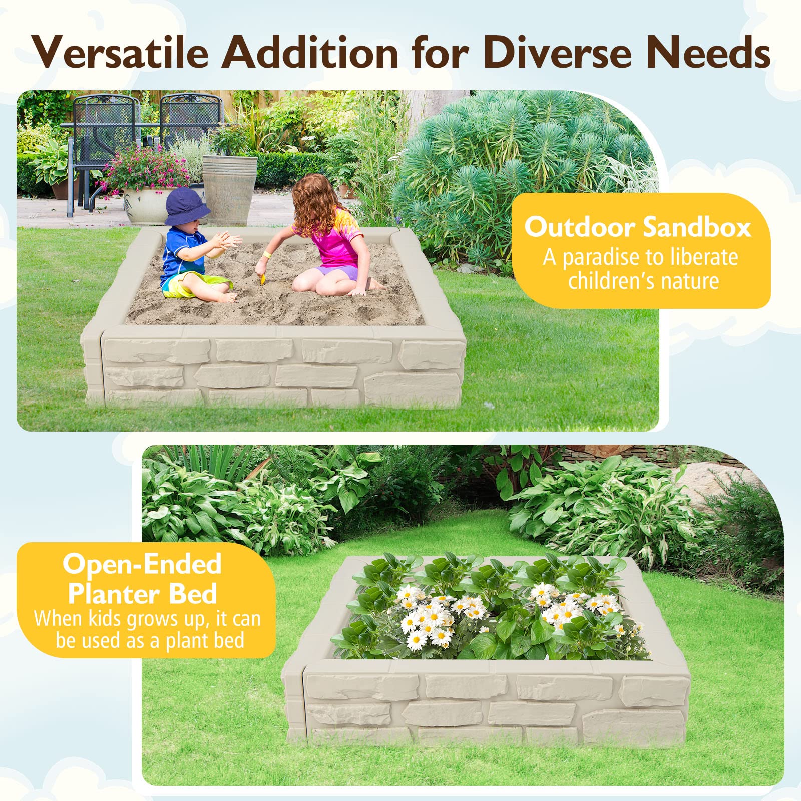 Costzon Kids Sandbox with Cover, 47” x 47” HDPE Sandpit with Oxford Cover, Bottom Liner