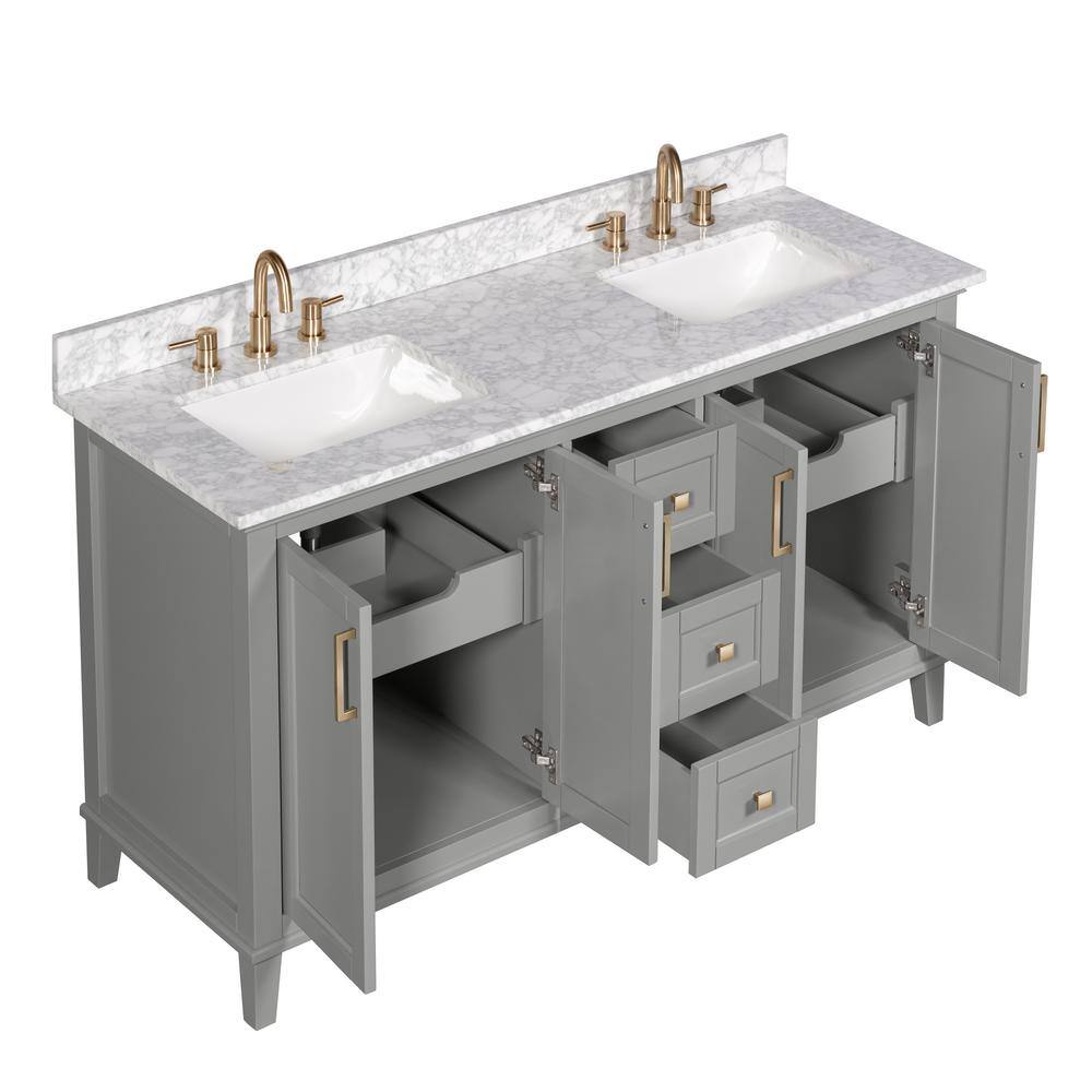 Home Decorators Collection Grayson 61 in. W x 22. D x 35. H Double Sink Vanity in Storm Grey with White Marble Vanity Top 20305-VS61C-ST