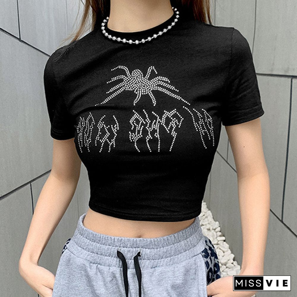 Summer Tank Tops Punk Vintage Rhinestone Spider Graphic Black Vest Gothic Style O Neck Short Sleeve Crop Top Women Slim Tanks