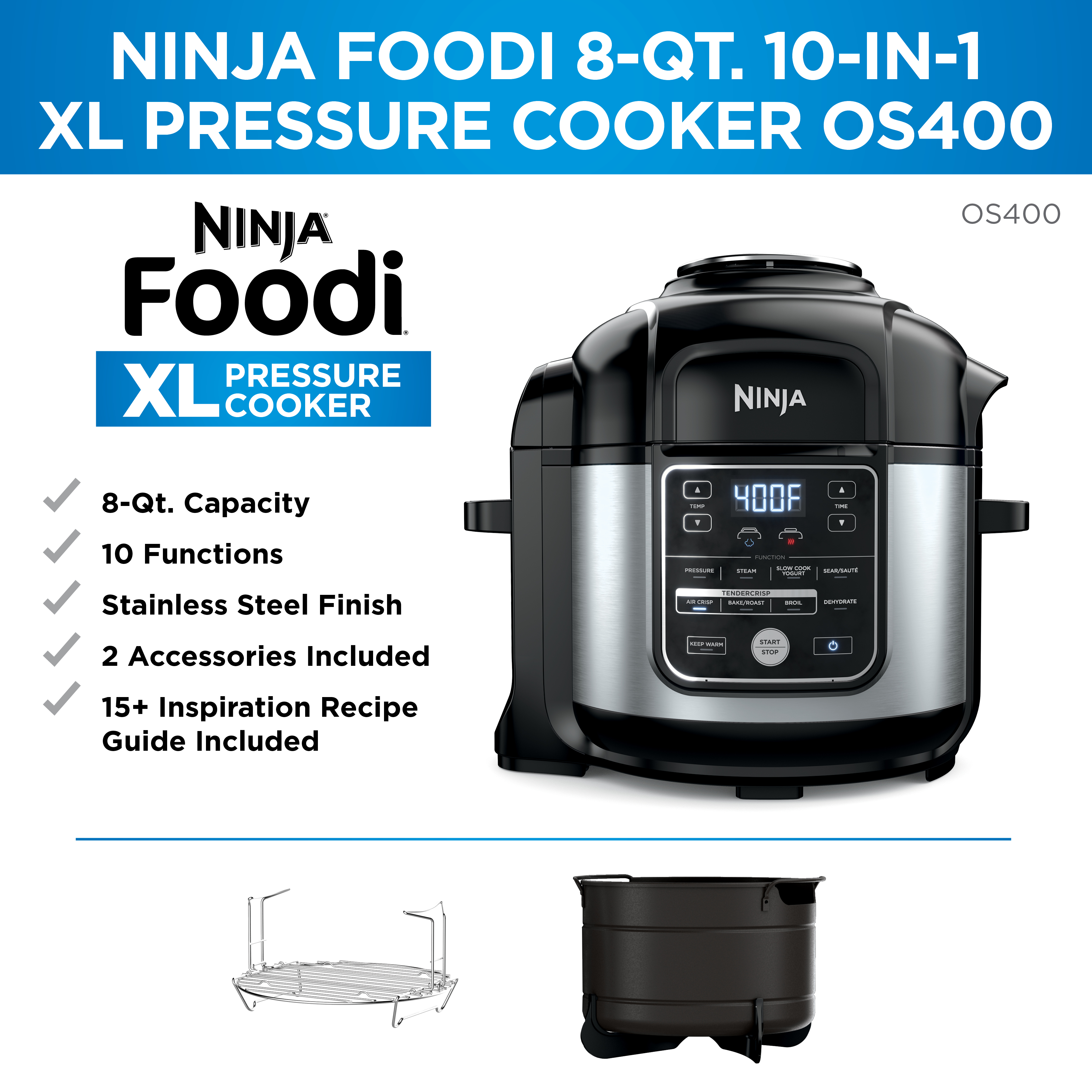 Ninja Foodi 10-in-1 8-quart XL Pressure Cooker Air Fryer Multicooker， Stainless， OS400