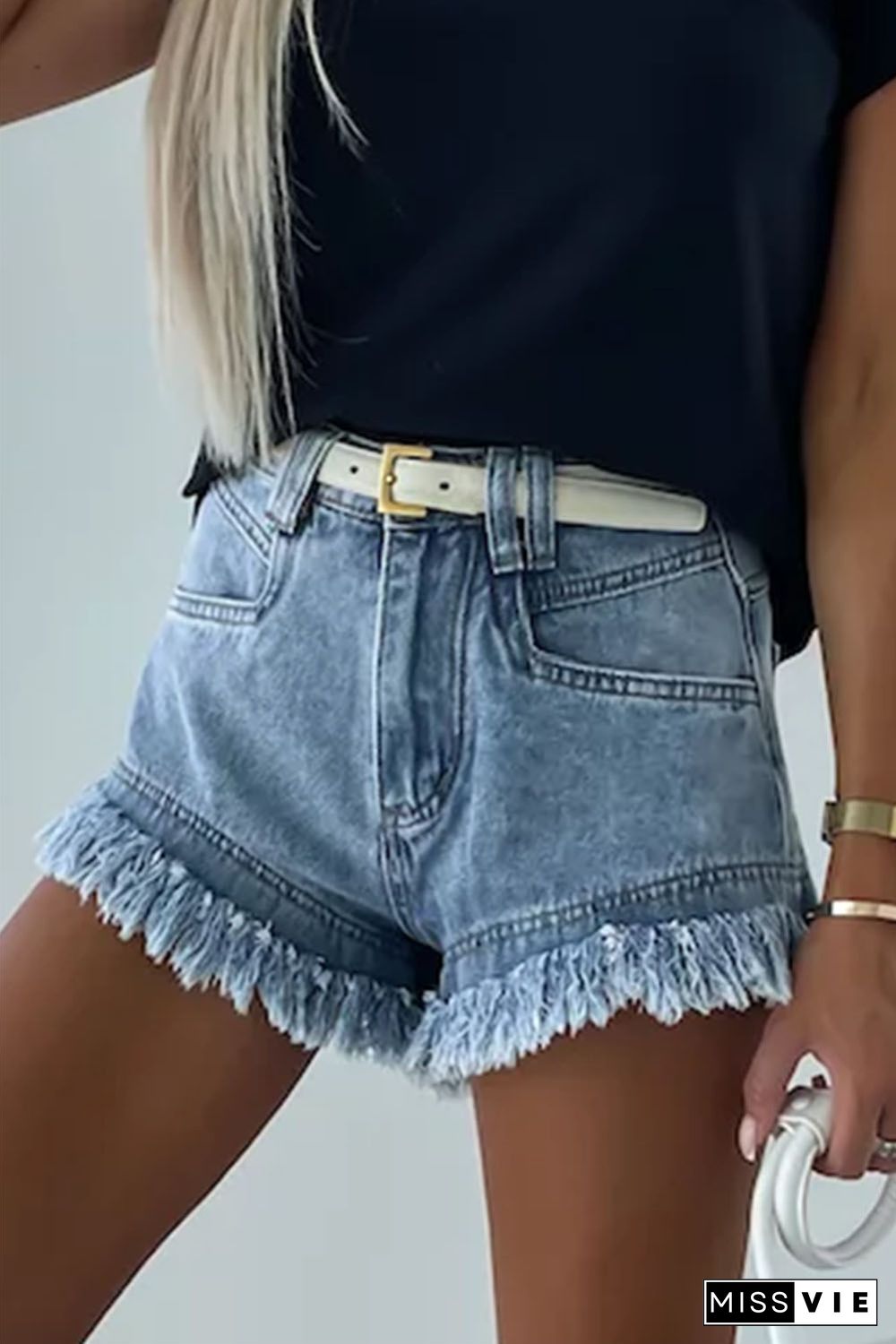 Sky Blue Raw Hem Acid Wash Denim Shorts