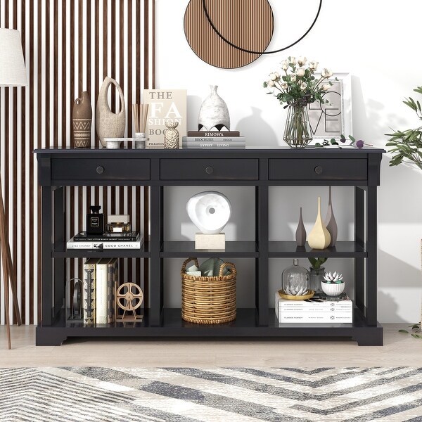 Console Table with Ample Storage， Open Shelves and Drawers