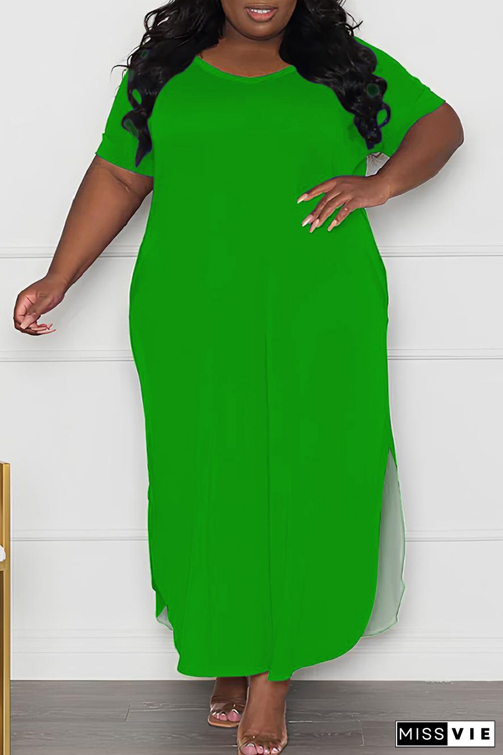 Casual Solid Slit O Neck Long Plus Size Dresses