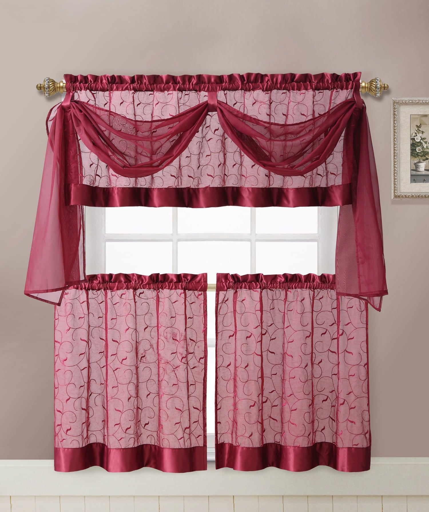 VCNY Home Linen Leaf Embroidered Complete Kitchen Curtain Set - Burgundy