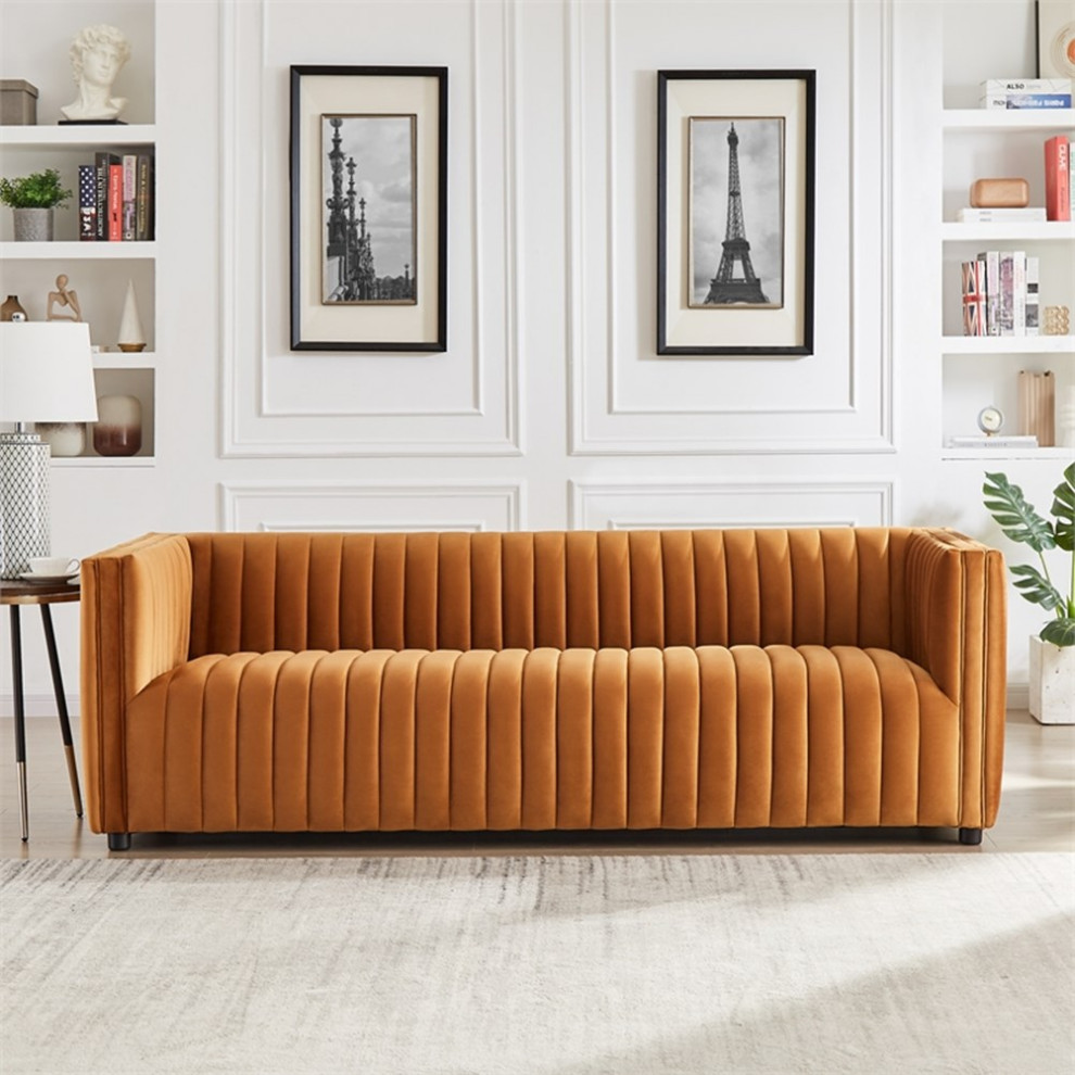 Sier Mid Century Modern Luxury Velvet Sofa Couch in Cognac   Contemporary   Sofas   by Homesquare  Houzz