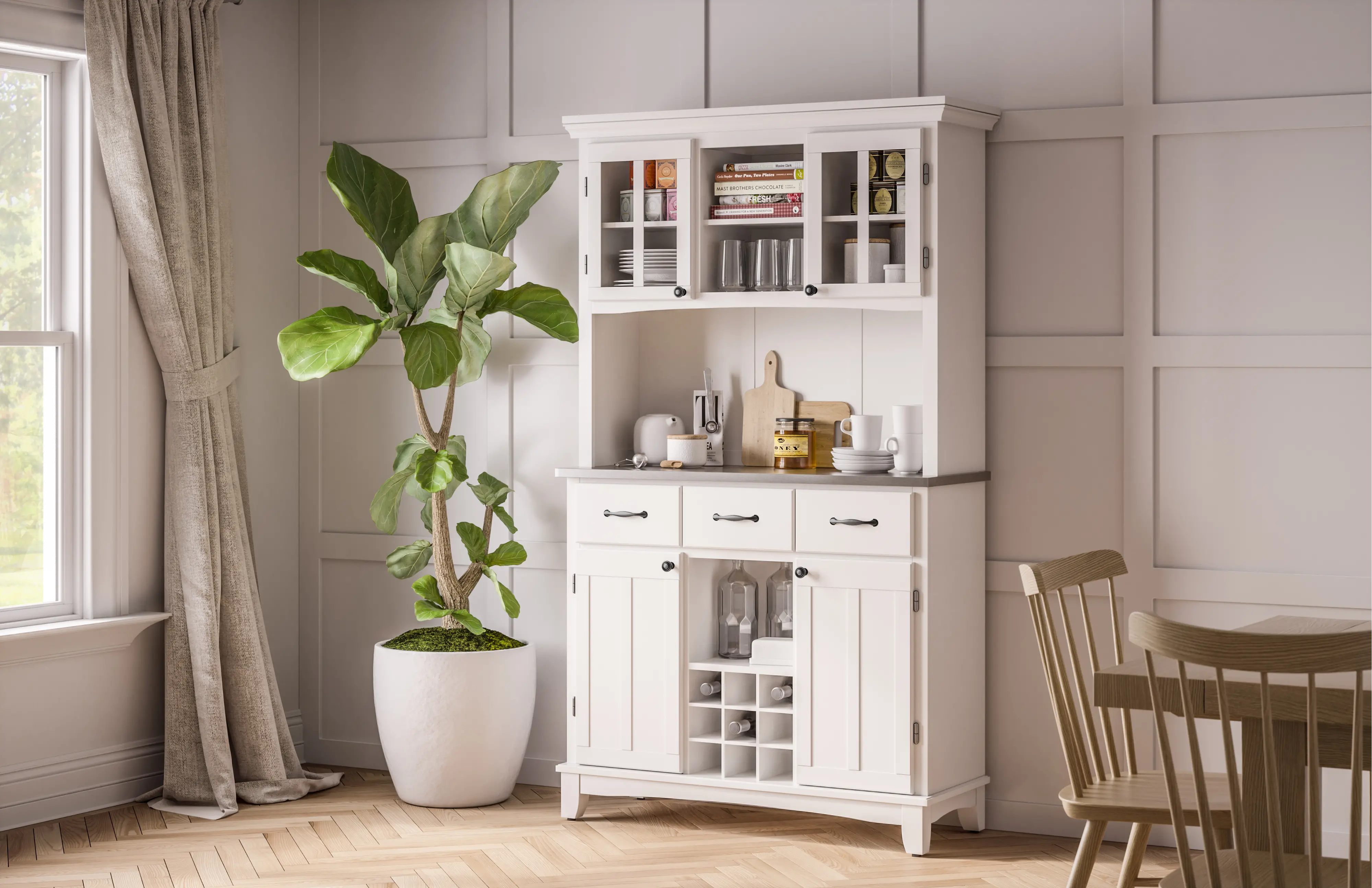 Homestyles Large Off-White with Stainless Steel top Buffet with Hutch