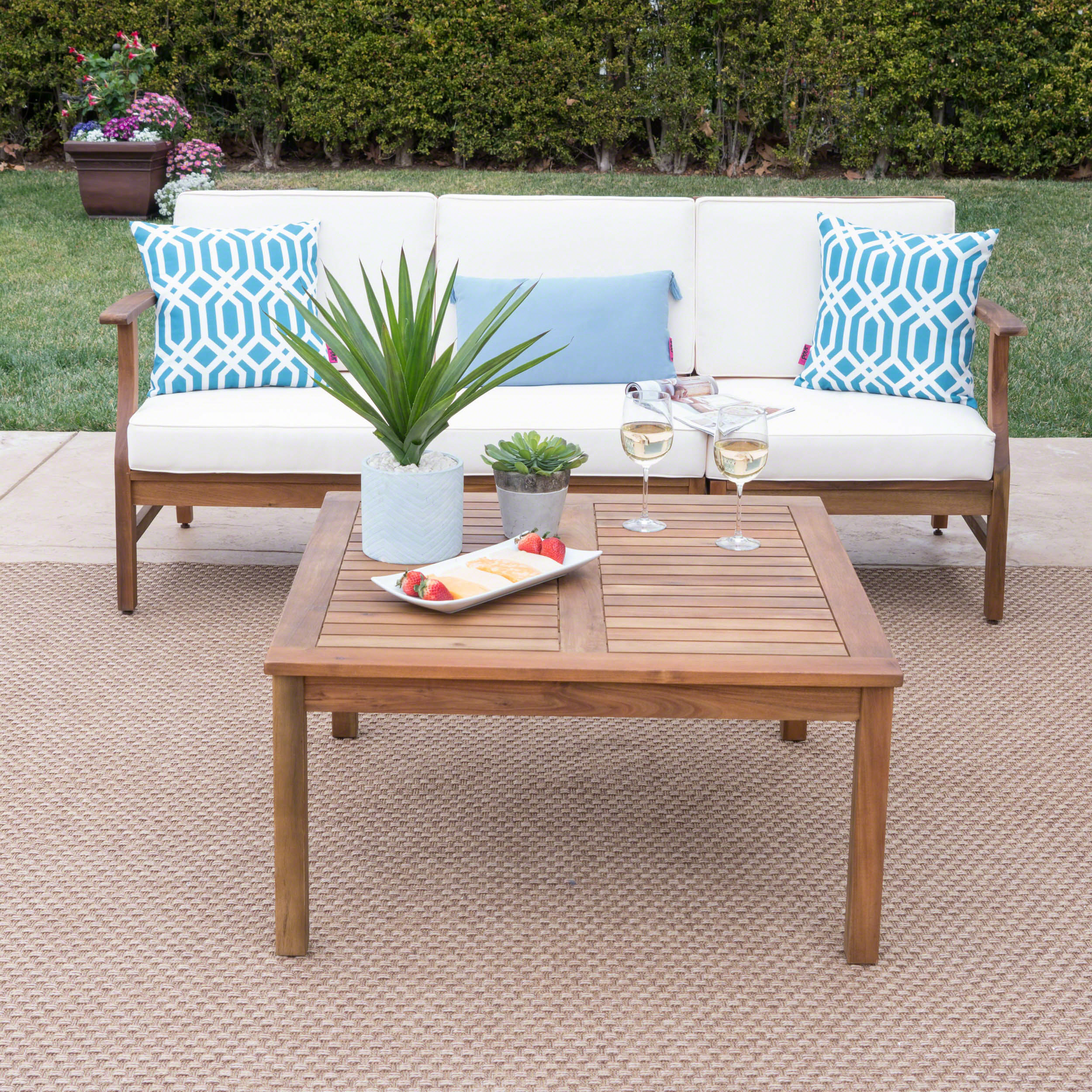 Scarlett Outdoor 3 Seat Teak Finished Acacia Wood Sofa and Table Set