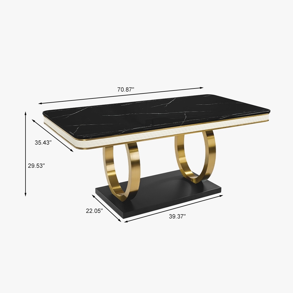 Modern Black Marble Dining Table for 6 10 with Rectangular Tabletop Dual Circle Base