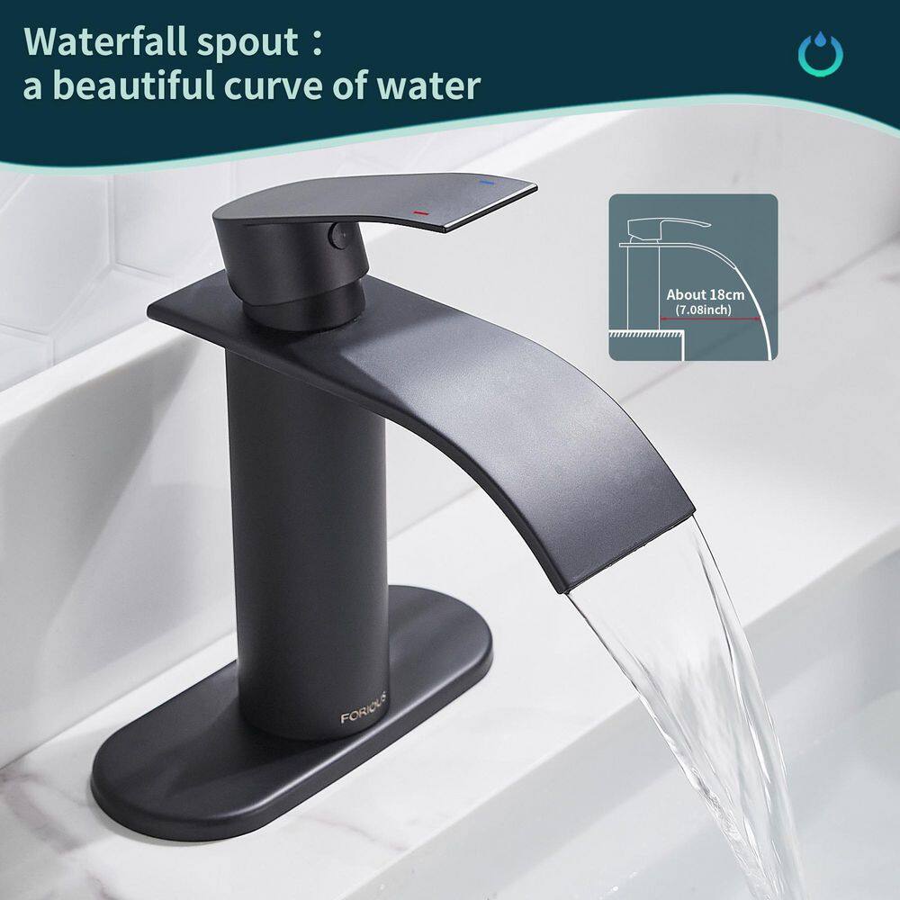 FORIOUS Single-Handle 1 or 3 Hole Waterfall Bathroom Faucet Bathroom Sink Faucet Black HH0305B