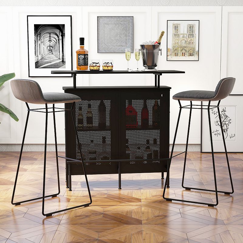 4-Tier Liquor Bar Table with 6 Glass Holders and Metal Footrest-Black