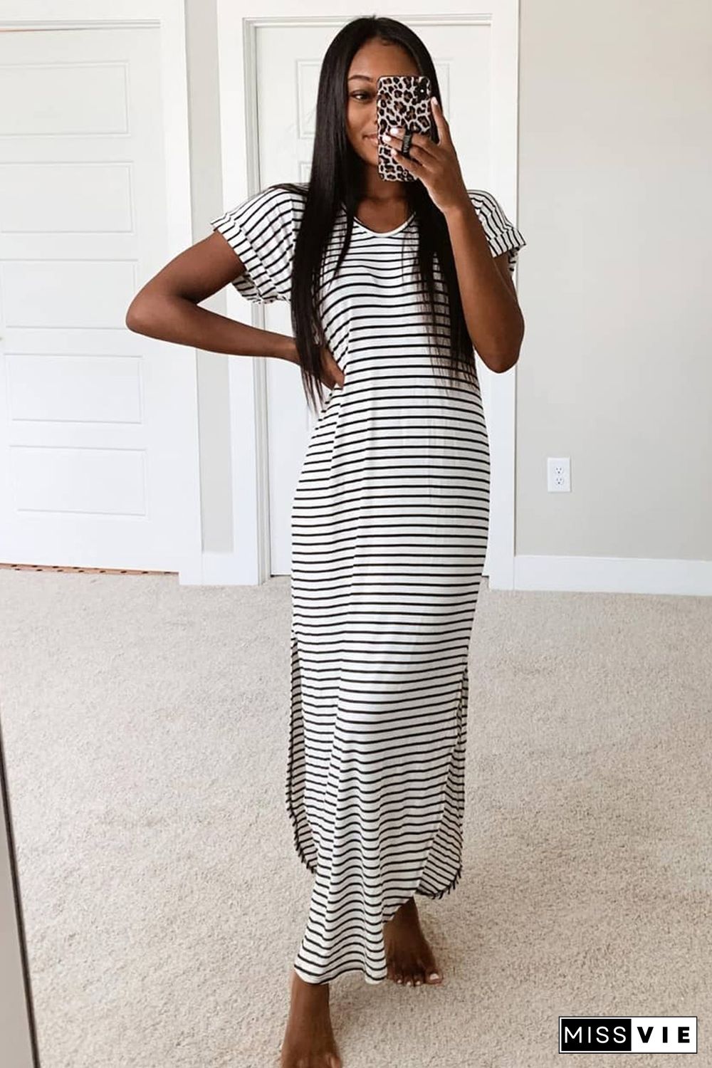 Black Striped Print Side Split Short Sleeve V Neck Maxi Dress