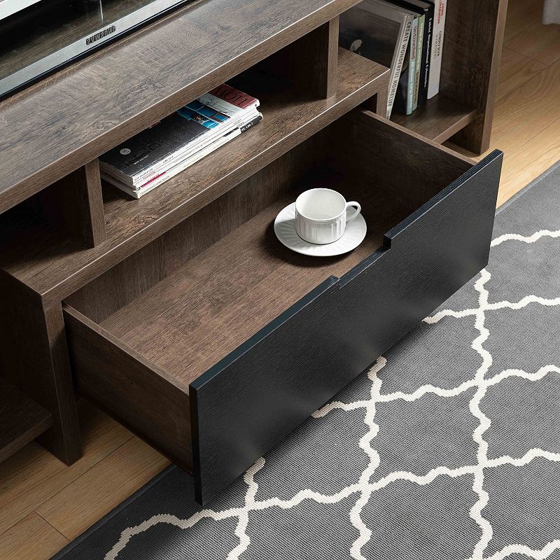 FC Design Walnut Oak and Black TV Stand with Center Drawer and 2 Side Shelves